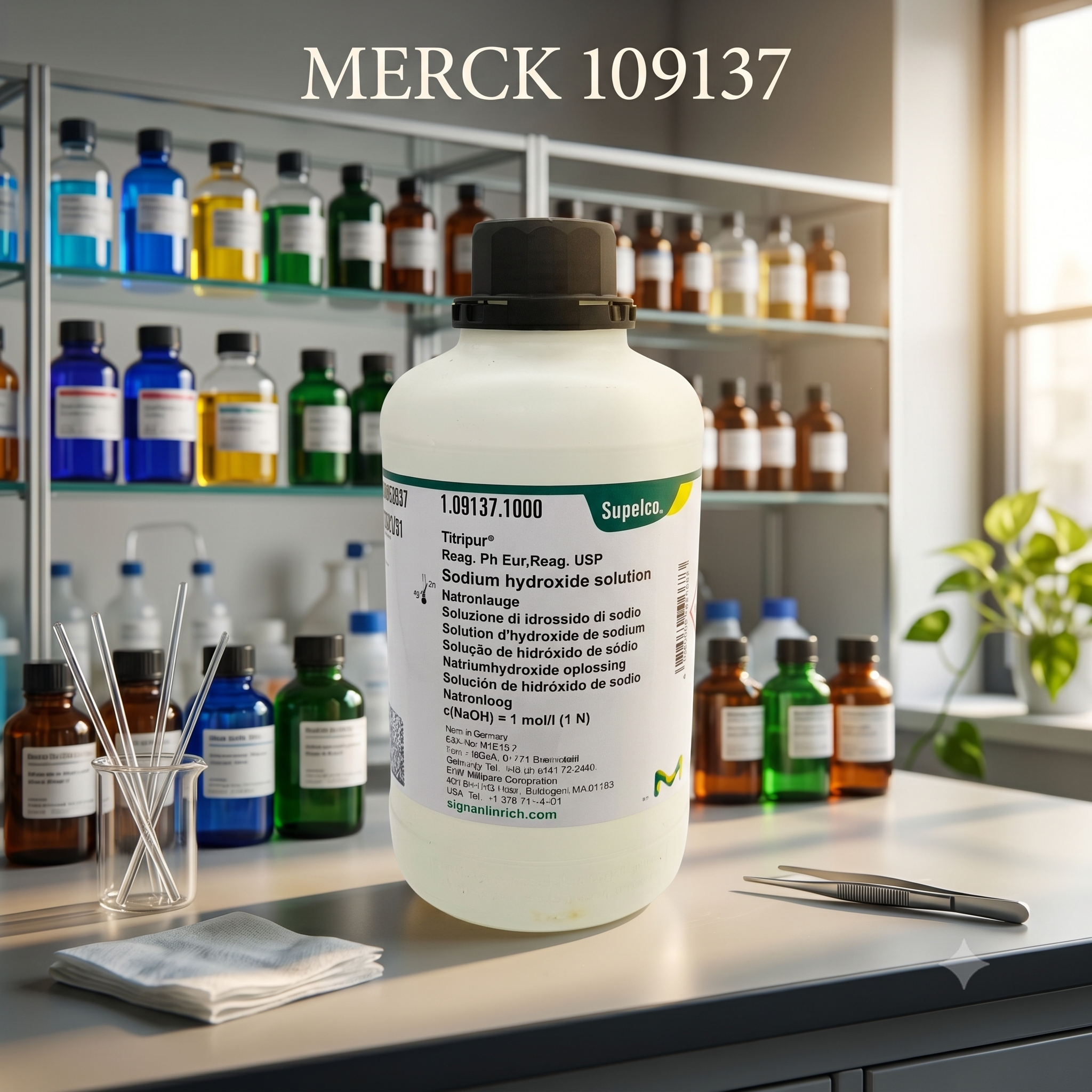 Supelco Sodium Hydroxide Solution 1 mol/L 1.09137.1000 – Larutan Natrium Hidroksida Reagen Titrasi Laboratorium
