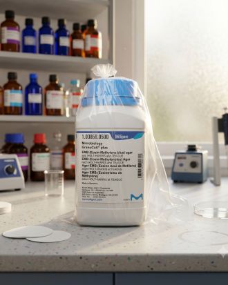 EMB Agar (Eosin Methylene Blue Agar) GranuCult® Plus Merck Millipore Cat. No. 103858 merupakan media mikrobiologi selektif dan diferensial untuk isolasi serta identifikasi bakteri gram negatif enterik, khususnya coliform dan Escherichia coli. Cocok digunakan untuk laboratorium mikrobiologi, QC pangan, farmasi, air, dan penelitian.