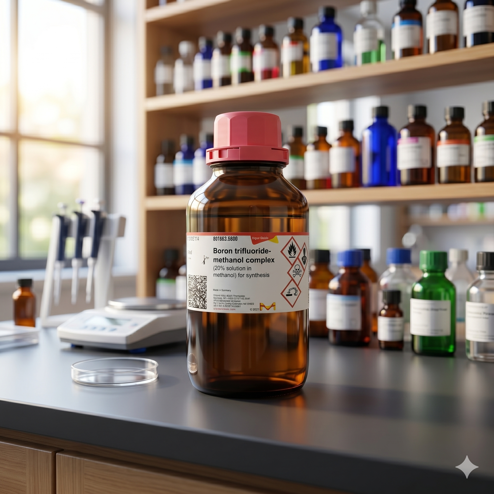 Boron Trifluoride-Methanol Complex Sigma Aldrich kode 801663 merupakan reagen laboratorium berkualitas tinggi untuk kebutuhan sintesis organik, penelitian, katalisis, dan aplikasi kimia industri. Cocok digunakan pada laboratorium riset, QC, pendidikan, farmasi, dan institusi penelitian profesional.